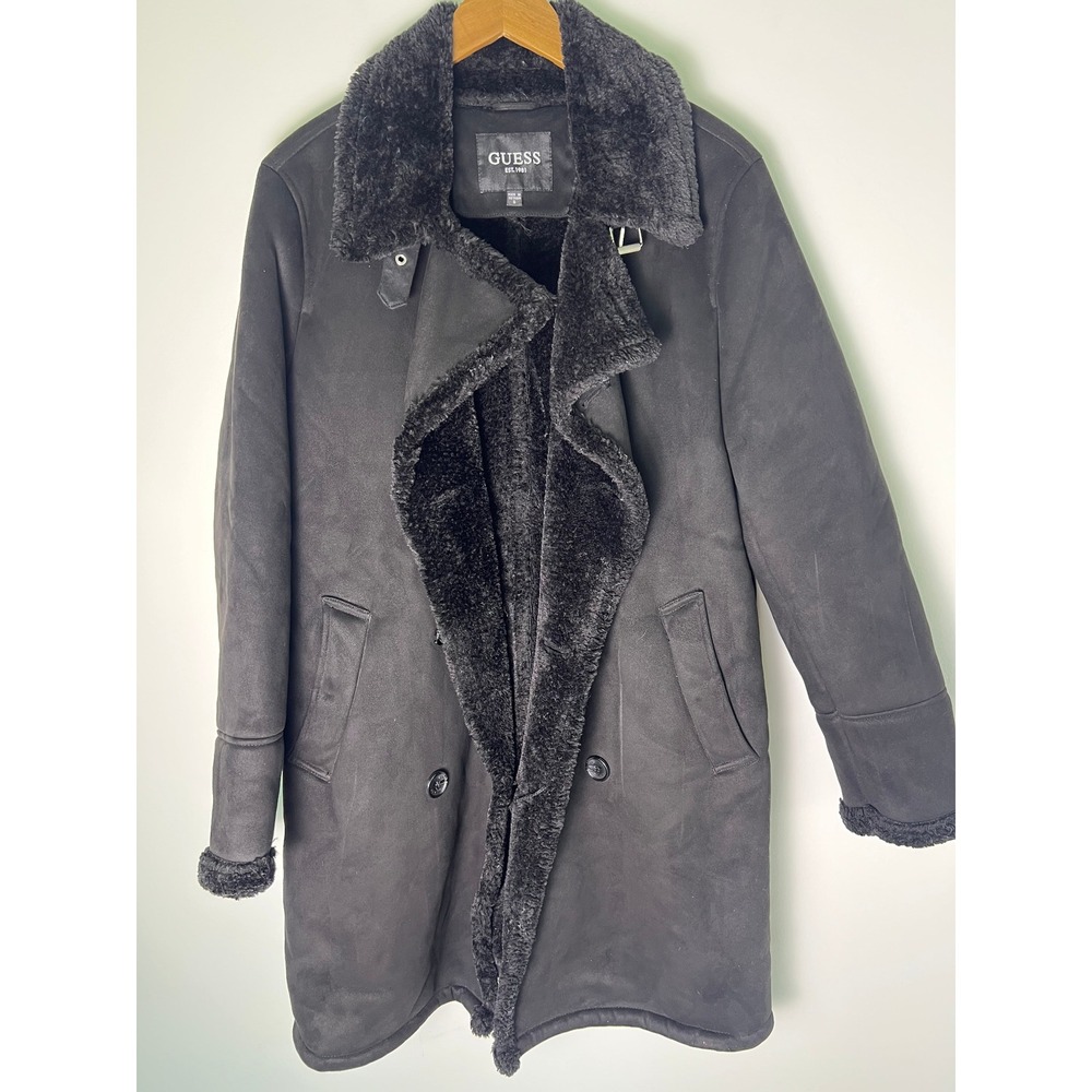 Guess Men Small Coat Faux Suede Fur Trench Winter Pea Coat Black Double Breasted